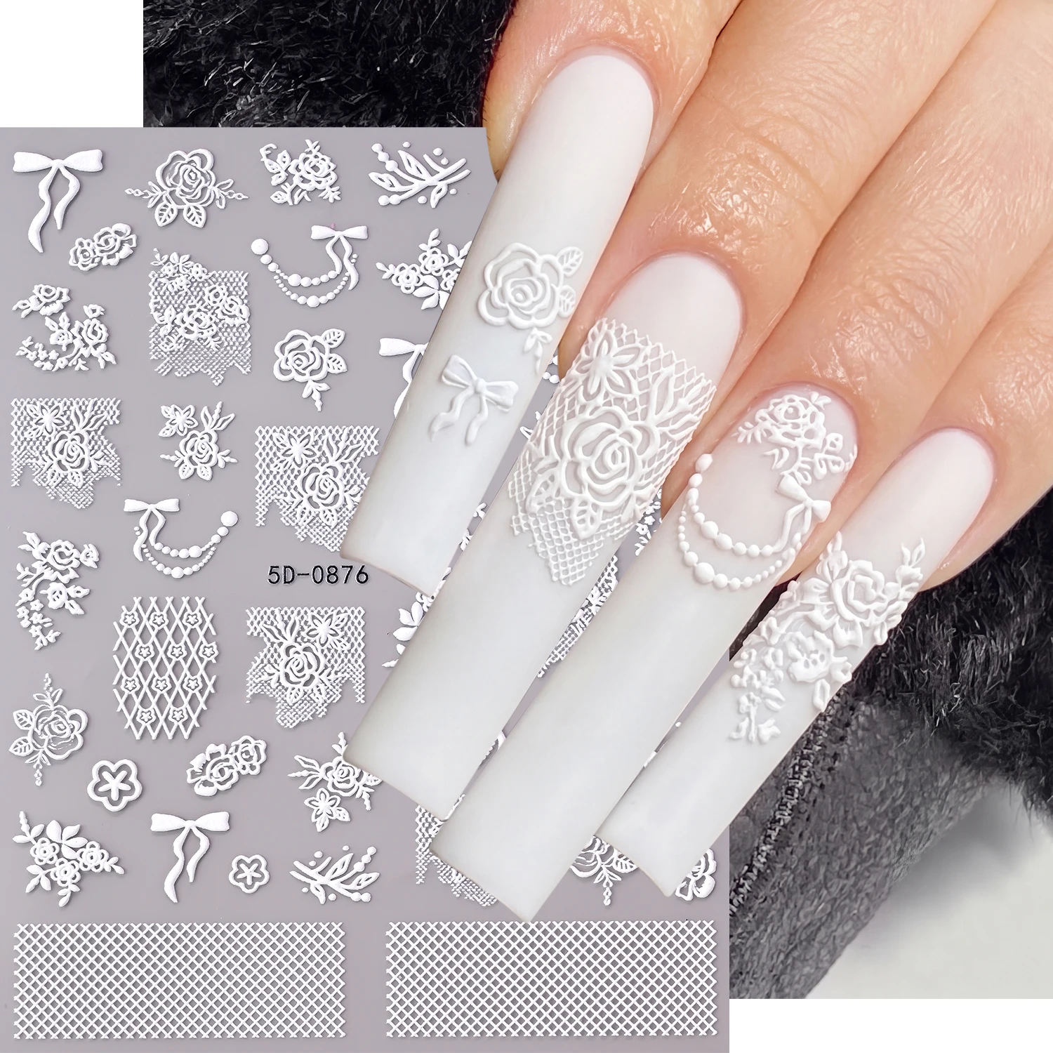 5D Raised French White Lace Nail Art Stickers Embossed Rose Bow Pearl Mesh Pattern Nail Decals Wedding Bridal Manicure DIY Decor