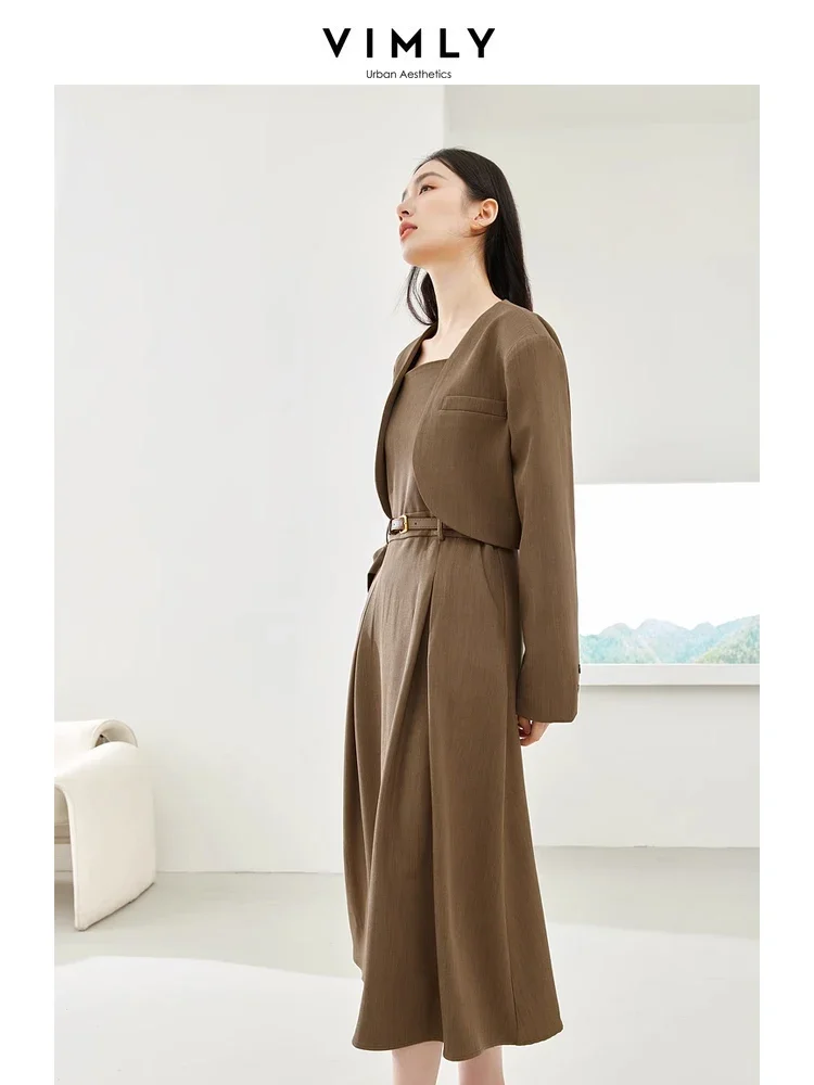 Vimly Coffee Elegant Blazer Suit Cropped Jacket A-line Pleated Midi Dress 2023 Autumn Winter New Office Lady Matching Sets M3967