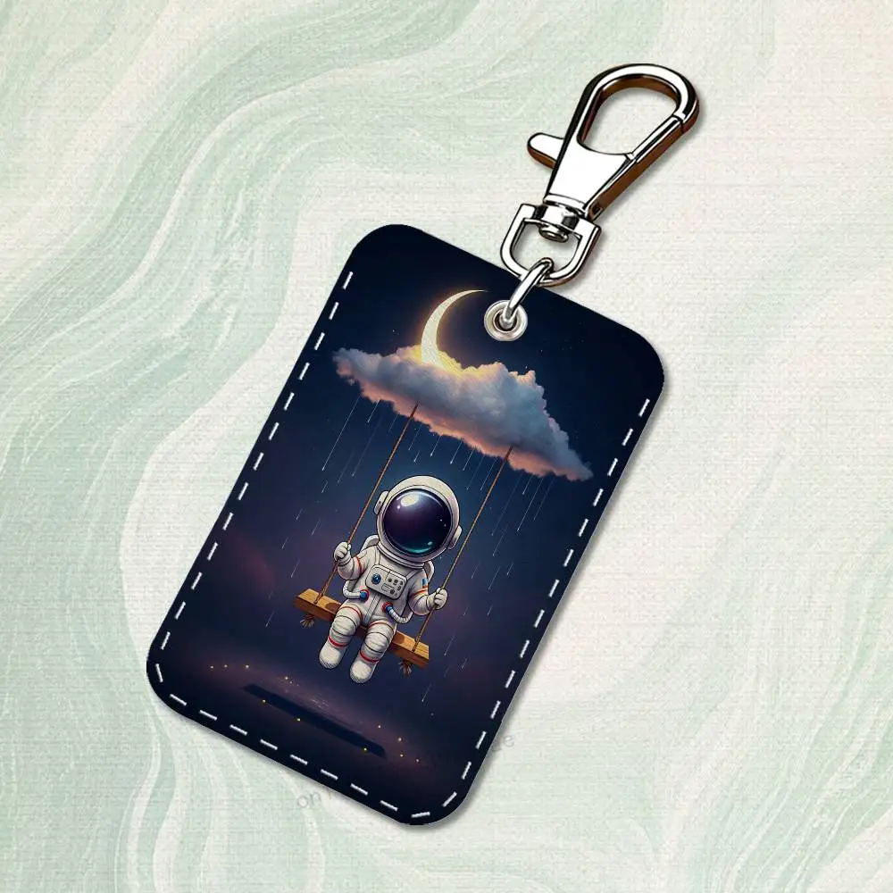 Etui na karty w kształcie prostokąta z motywem astronauty z kreskówki, uroczy brelok, etui na karty dostępu, zawieszka do kluczy, skórzany brelok do kluczy, etui na karty, brelok do kluczy.
