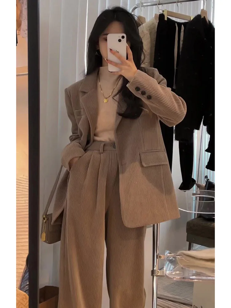 Corduroy s Wide-Leg Pants Two-piece Set Casual Fashion High Sense Women clothes Salt System Wear Slimming Temperament