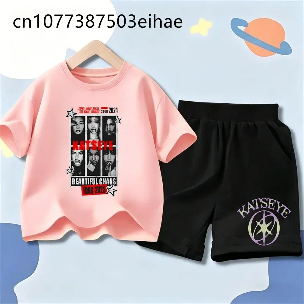 Retro Y2K Cute Style Katseye Girls Printed Kids Summer Short Sleeve Shorts Set Casual Fashion Everyday Children Leisure Wear Set