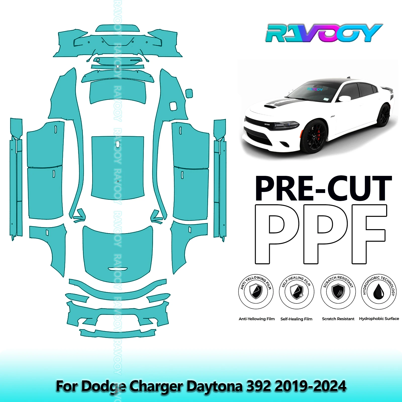 RAVOOY Custom-Fit Precut TPU PPF Full Vehicle Clear Bra Stone Guard EU UK For Dodge Charger Daytona 392 2019-2024