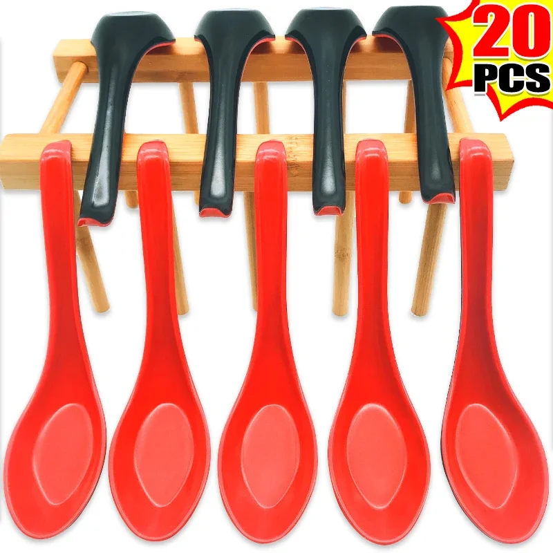 20-1PCS Red Black Soup Spoon Plastic Long Handle Dumplings Melamine Scoop Restaurant Bar Household Dinner Cutlery Anti-Shock