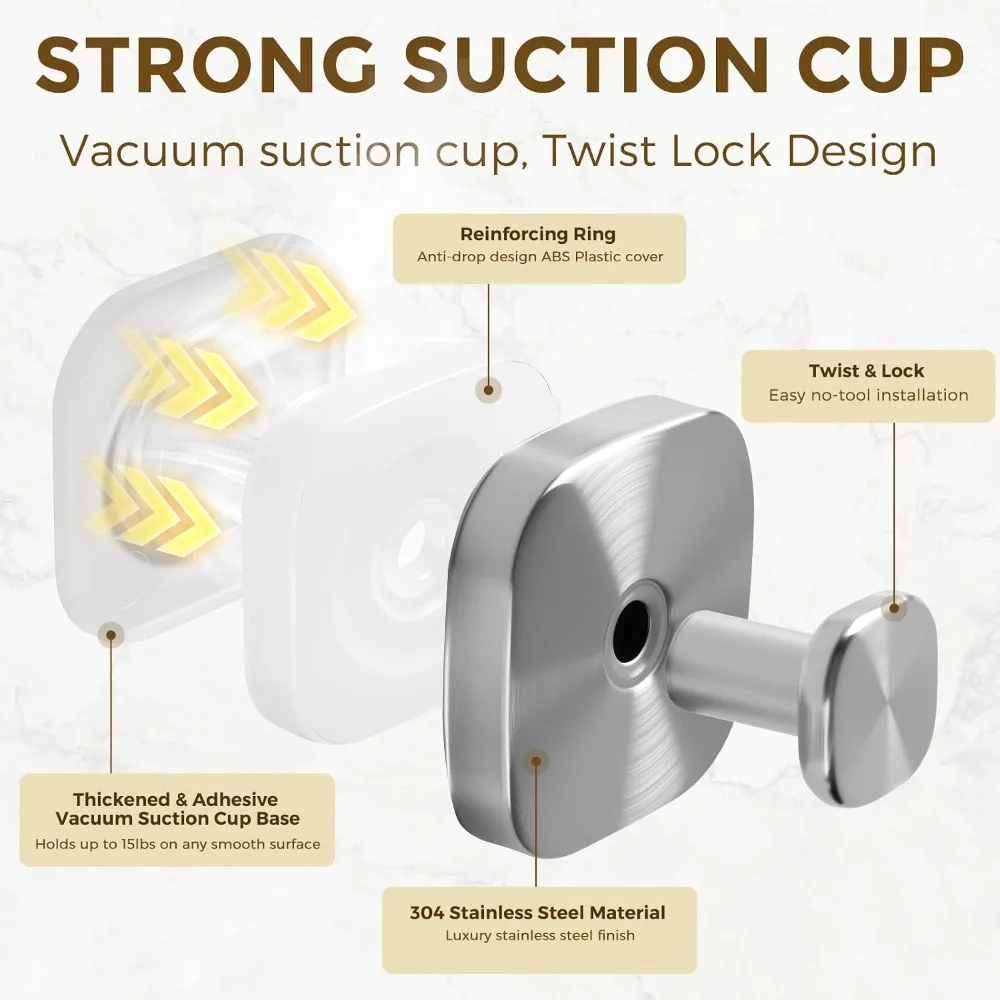 Suction Cup Hooks for Shower, No-Drill Towel Hooks for Bathroom, Kitchen, Glass Door, Mirror, Tile, Hanging Towels, Robe, Loofah, Christmas Wreath, 4 Pack view 3