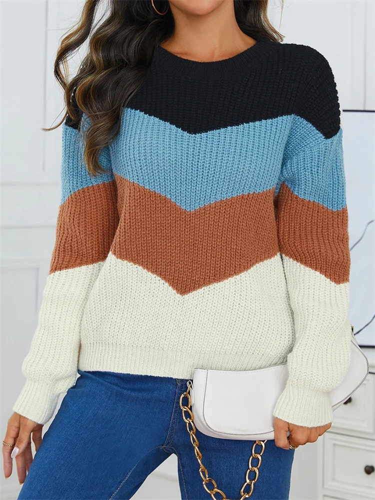 Fashion Women Sweater Winter Autmn Casual O Neckl Splicing Color Long Sleeve Knitwear Streetwear Striped Pullover Tops Jumpers