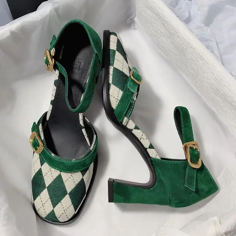

Сандалии из натуральной кожи с решетчатым ремешком и пряжкой, весенняя мода 2023, туфли на среднем каблуке, классические женские туфли в стиле ретро с круглым носком на мелком каблуке
