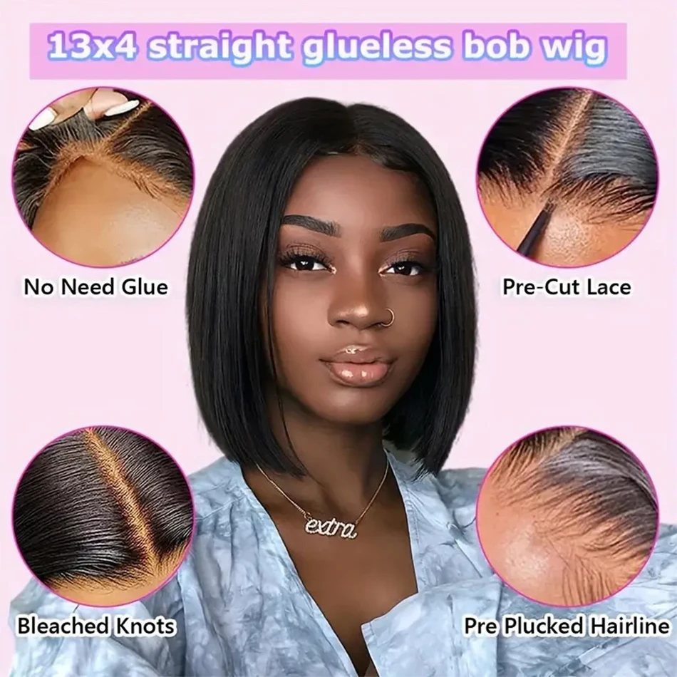 Glueless Natural Hair Wig Straight Bob Wig Lace Front Human Hair Wigs For Women Transparent Full Lace Frontal Wig 180% Density