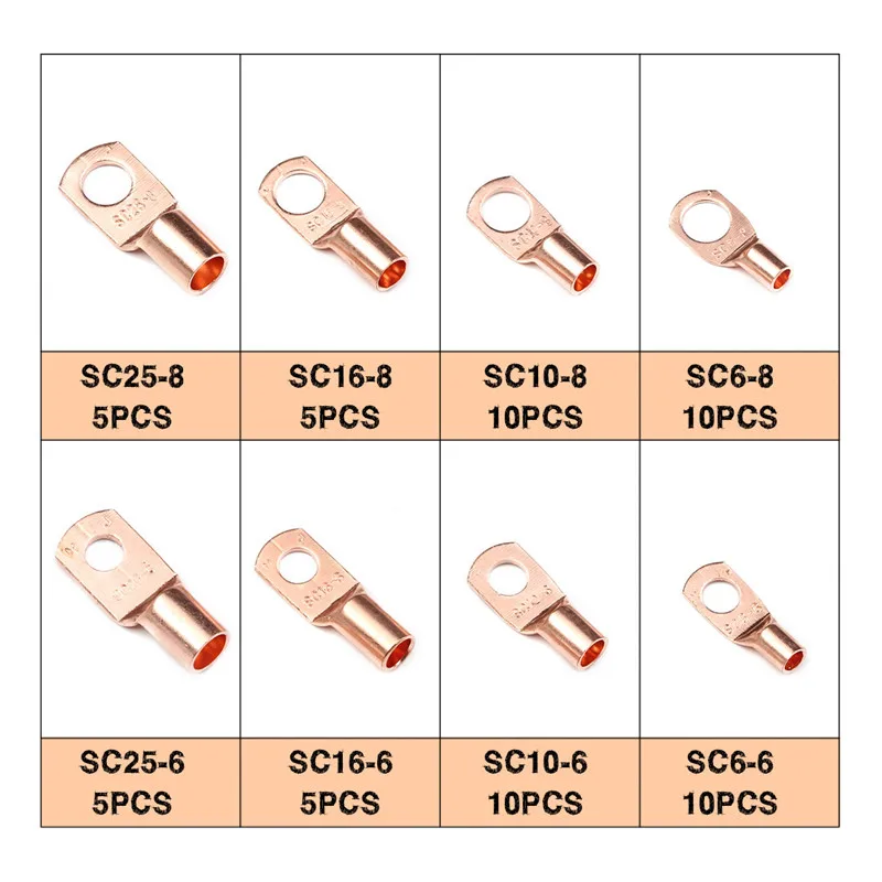 60PCS Tinned Copper SC Bare Terminals Lug Ring Seal Wire Connectors Bare Wire Cable Crimped Soldered Terminal Kit SC6-SC25