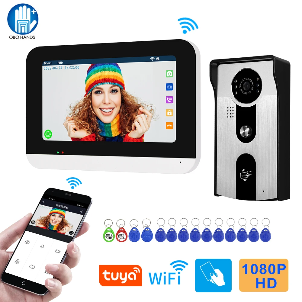 

2.4G WiFi Tuya Video Intercom System Kit 7'' 1080P HD Touch Color Screen Monitor + RFID IR Night Vision Outdoor Camera for Home