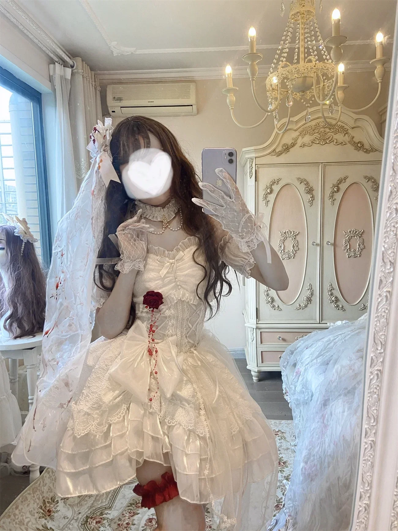 Gothic Lolita Princess Dress Women Vintage Terror Blood Bride Halloween Party Dresses Female Y2k Bandage Rose Lace Mini Vestidos