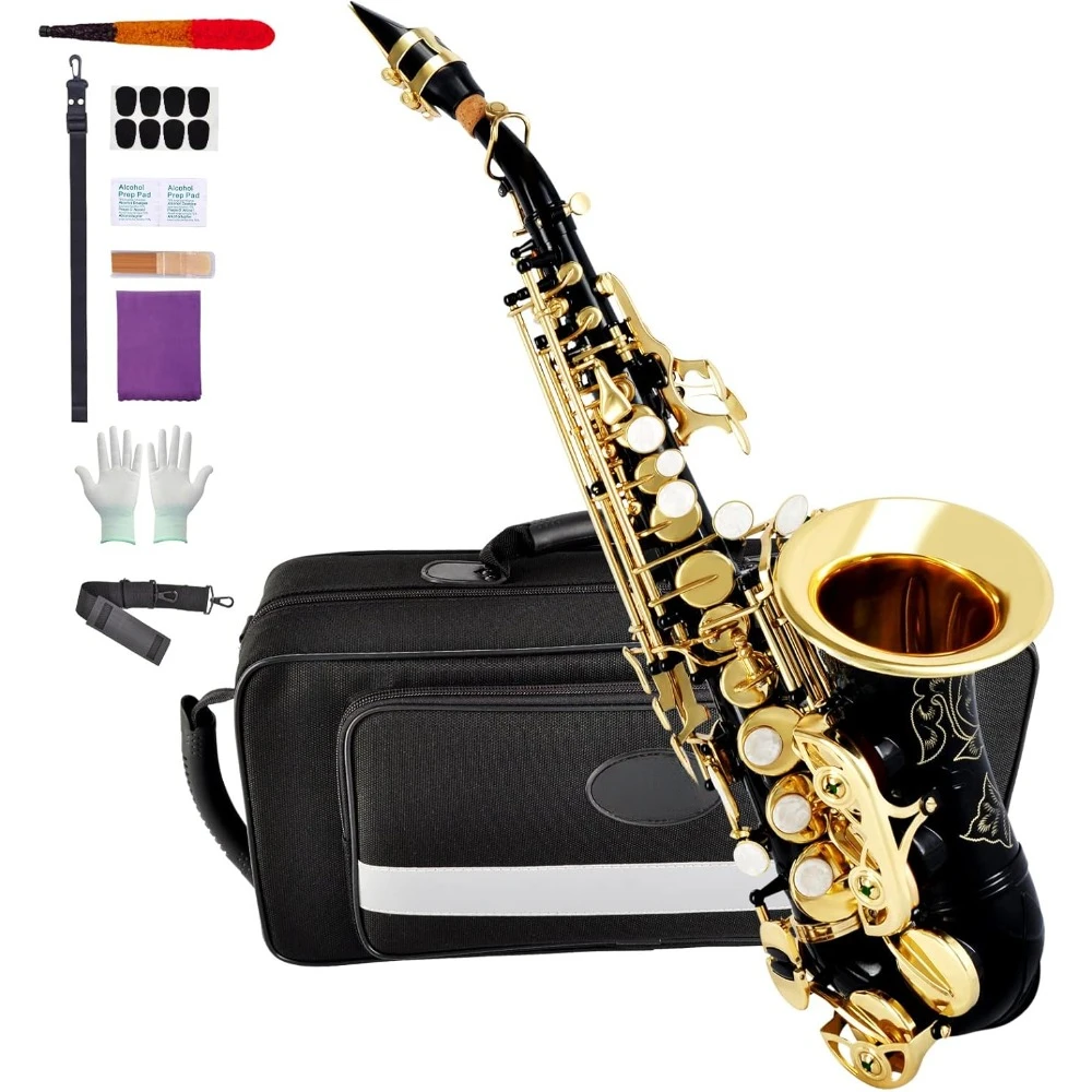 

Soprano Saxophone Curved Bb Flat Black Sax Instruments with Carrying Case,Mouthpiece,Pads,Reed,Cleaning kit,neck Strap