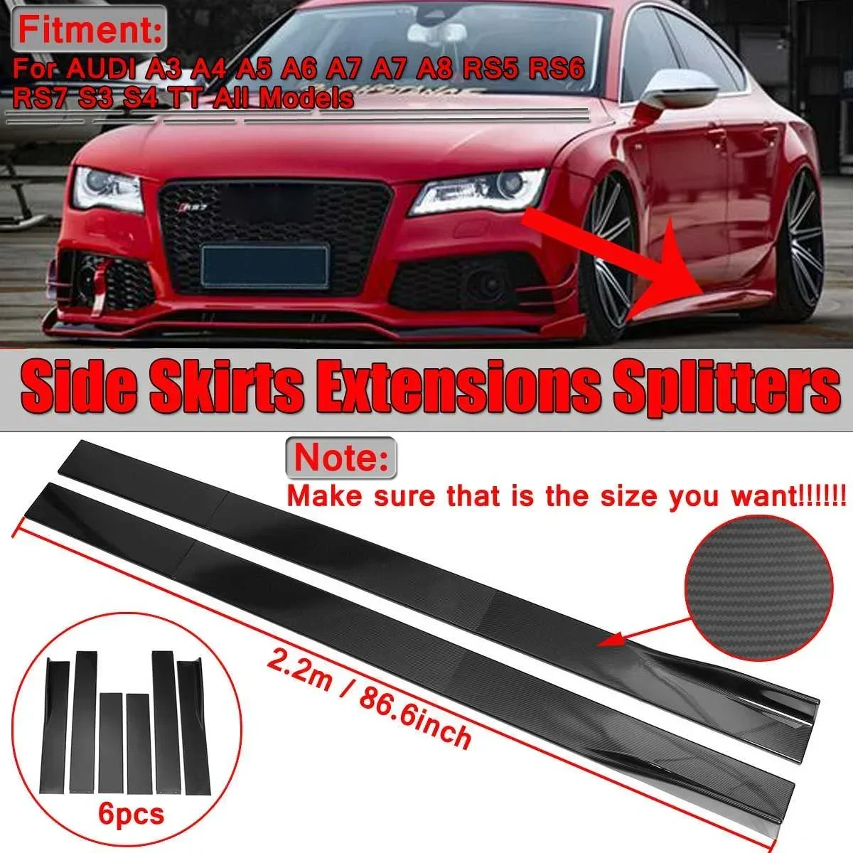 New 6x 2m/2.2m Universal Car Side Skirt Extension Splitters Apron For AUDI A3 A4 A5 A6 A7 A7 A8 Q3 Q5 Q7 RS5 RS6 RS7 S3 Body Kit