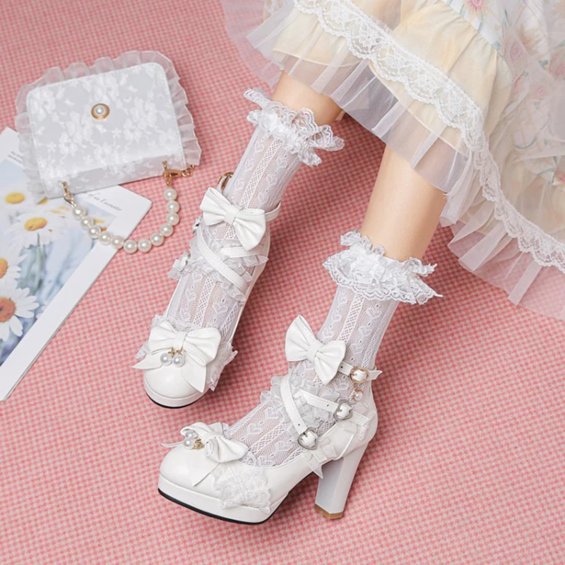 Sweet Bowknot Lace High Heels Kawaii Lolita Shoes Platform Girls Women Lolita Maid Halloween Party PU Leather JK Shoes