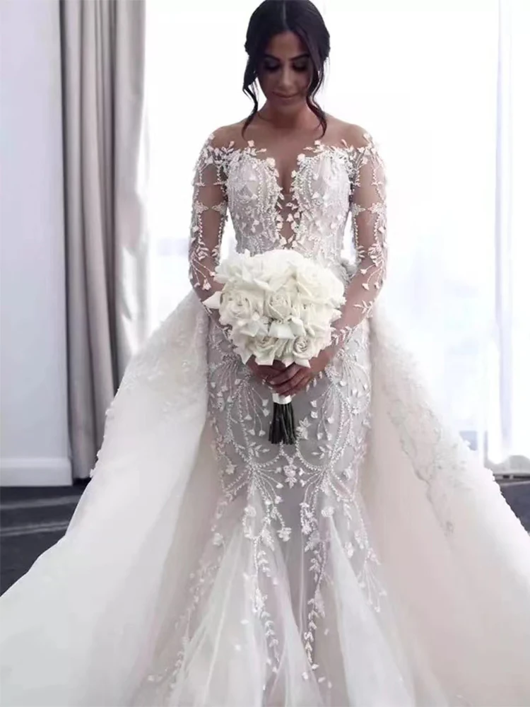 Lusso Illusion maniche lunghe scollo a v sirena abiti da sposa Appliques treno staccabile Boho abito da sposa Vestidos De Novia