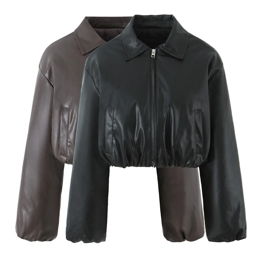

Women Black Coffee Faux Leather Jacket Coat Long Sleeve Zipper Motorcycle Outerwear Female Autumn Winter Warm Coat Short Top