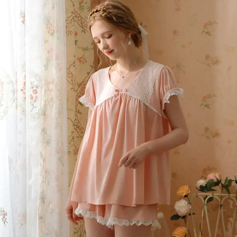 

Pajamas Nightwear Neck Sweet Tops Lace Loungewear Two Sexy Piece Shorts Summer Princess V Women Setssiz Cotton Sleepwear