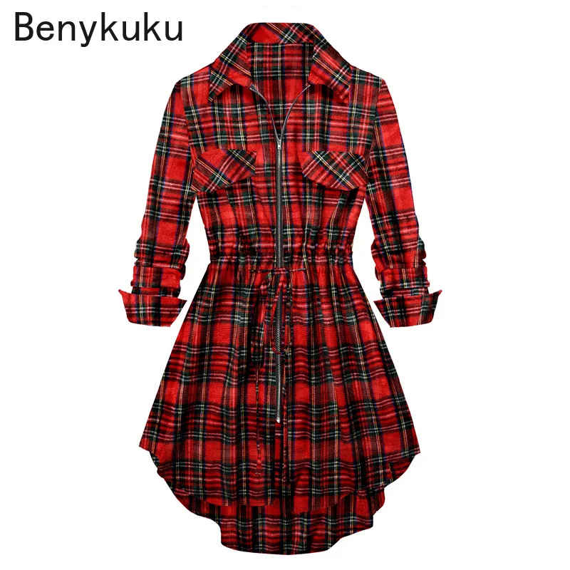 New Style Women Vintage Shirt Dress Ladies Spring Purple Red Plaid Long Sleeve Belt Zipper Gothic Casual Shirt Womens Clothing