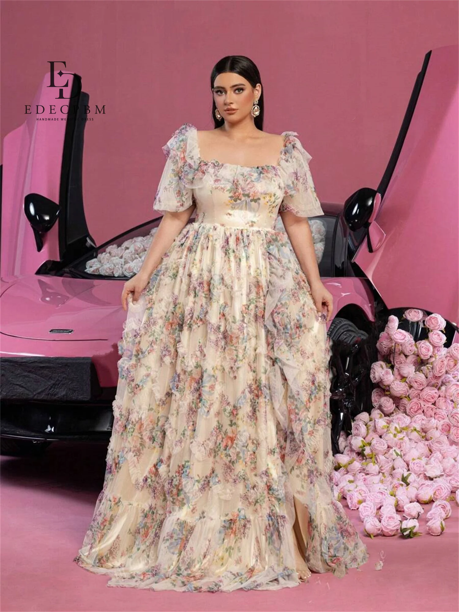 EDECPBM 프린팅 럭셔리 이브닝 드레스 2025 여성 맞춤 퍼프 소매 베스티도스 데 페스타 신상 드레스 فساتين سهرة 프롬
