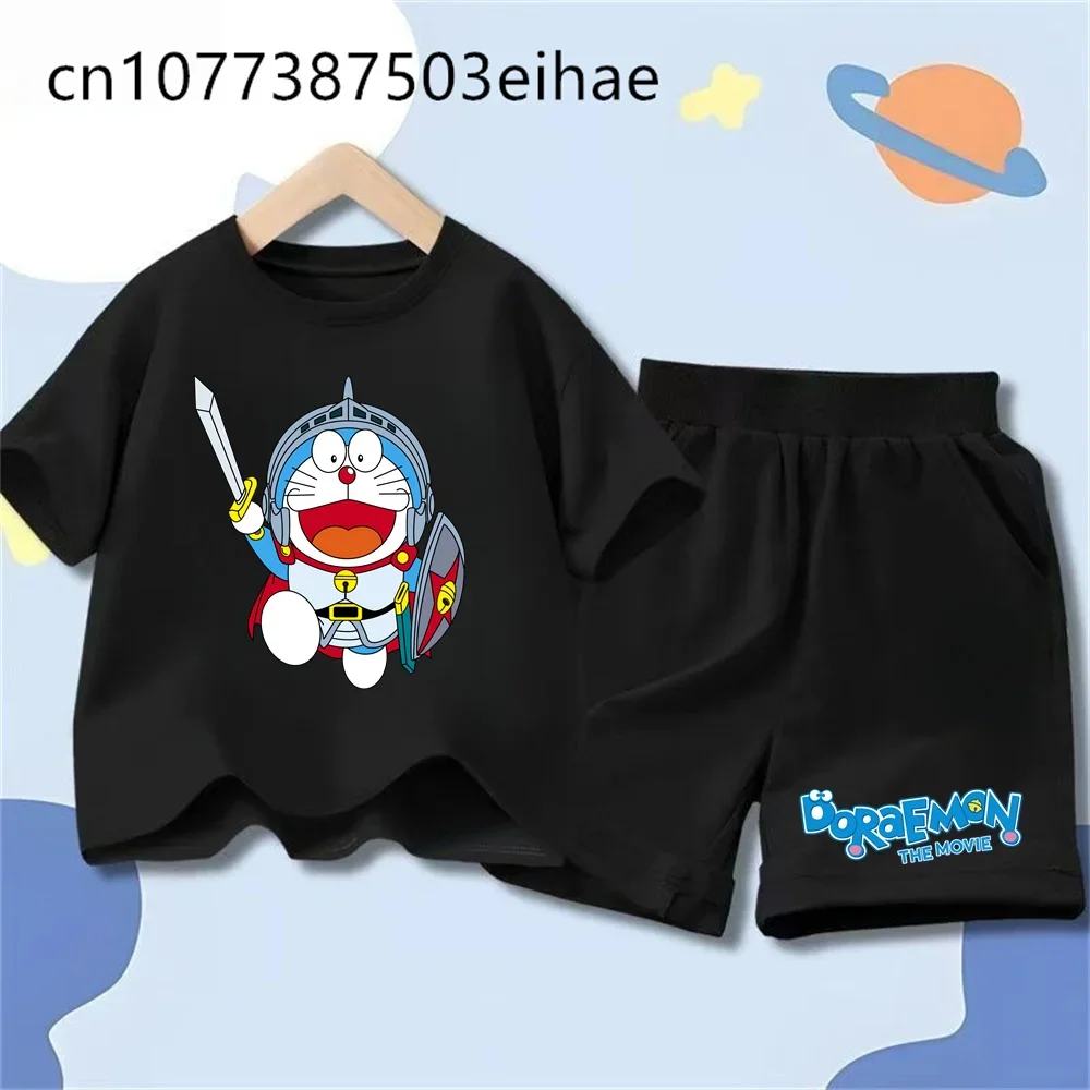 Doraemon Kids Summer Outfit 2-Piece Cute Pattern Short Sleeve Tee Sports Shorts Breathable Daily Play Wear Birthday Present