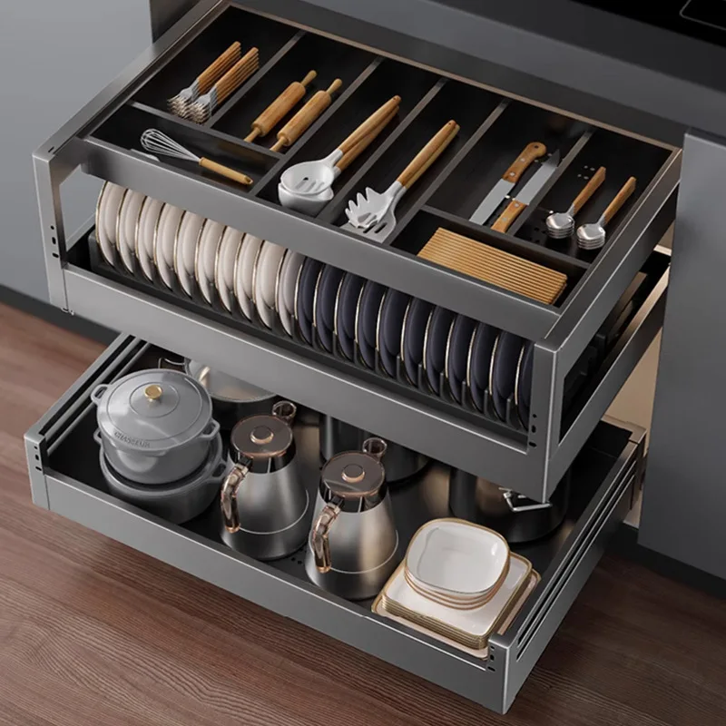 

Tableware Kitchen Cabinet Aluminum Alloy Three-layer Drawer Type Seasoning Dish Rack Dish Basket Height Full Drawing