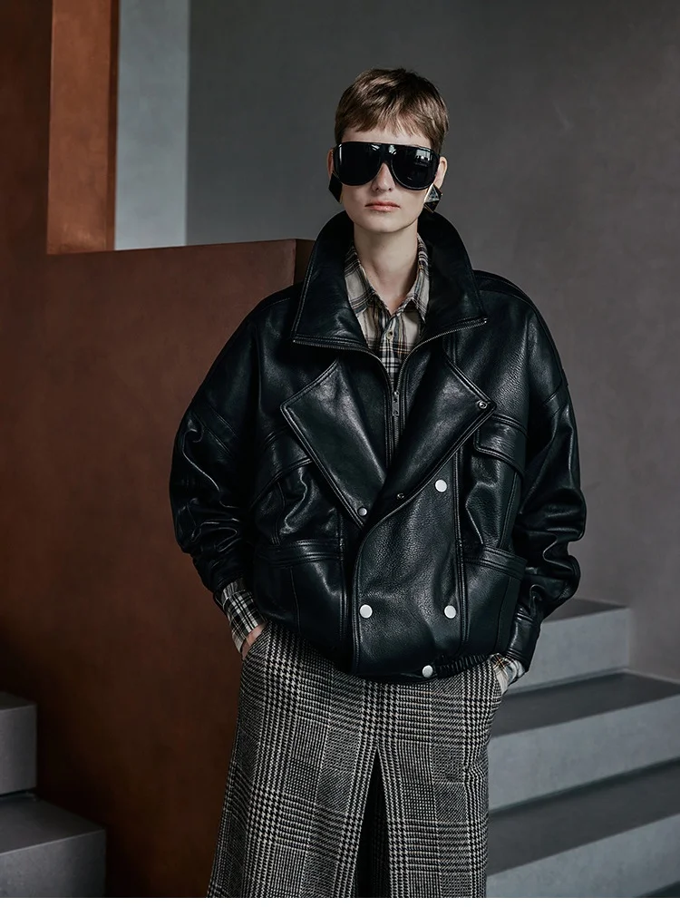 Trench da donna in pelle, pelle retrò in pelle di pecora importata, risvolto a doppio strato, linea divisoria, giacca in pelle silhouette