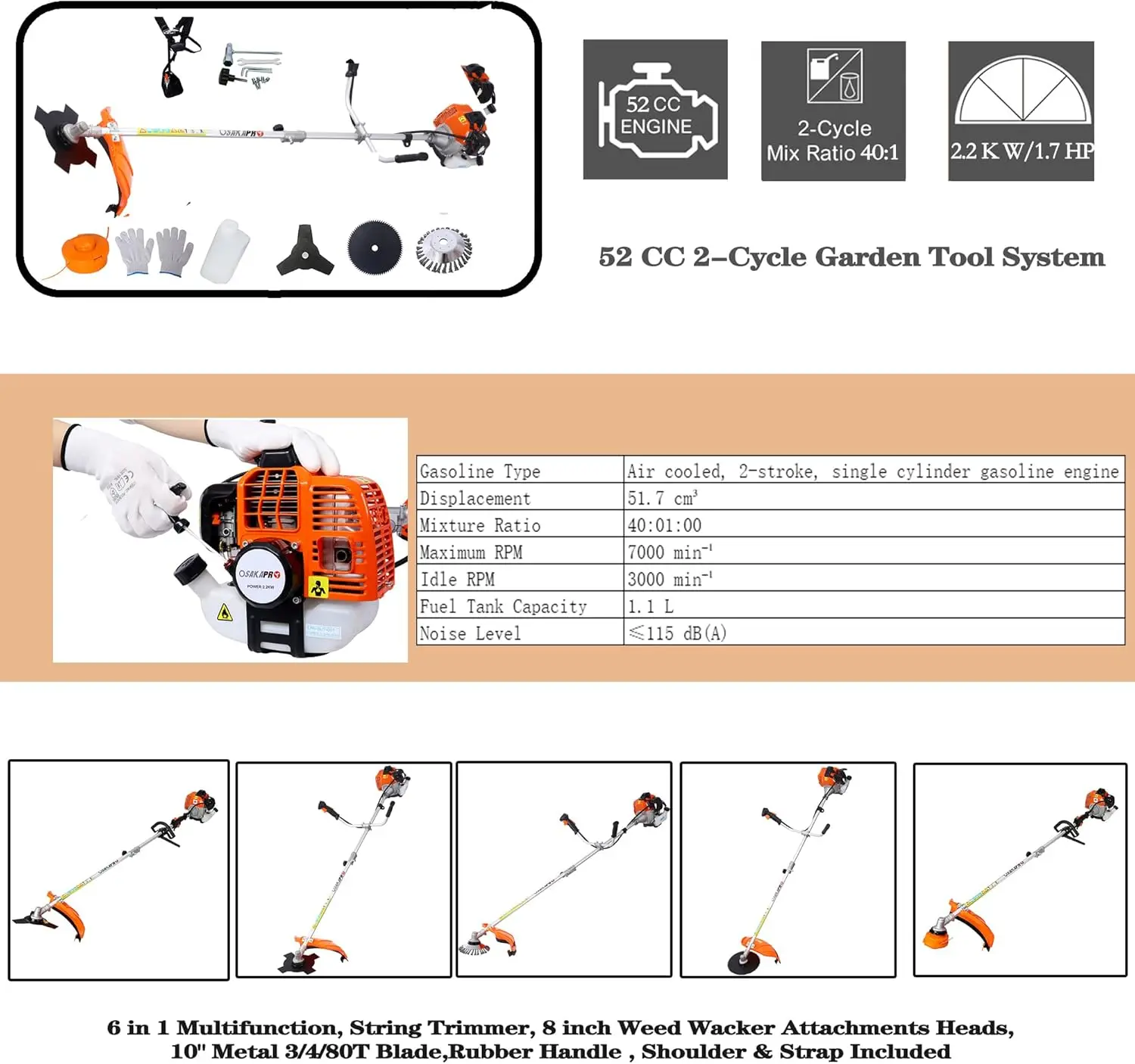 Gas Weed Wacker, 6-in-1 Multi-Functional Trimming Tool with Rotatable Gas Pole Saw Grass String Trimmer Brush Cutter Weed Eater