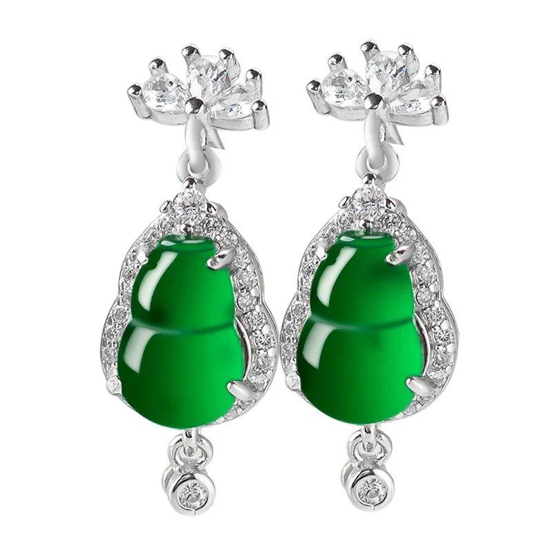 

Burmese Jade Gourd Earrings Ear Studs Amulets Charms Gift 925 Silver Natural Gemstone Jewelry Charm Emerald Women Green Gifts