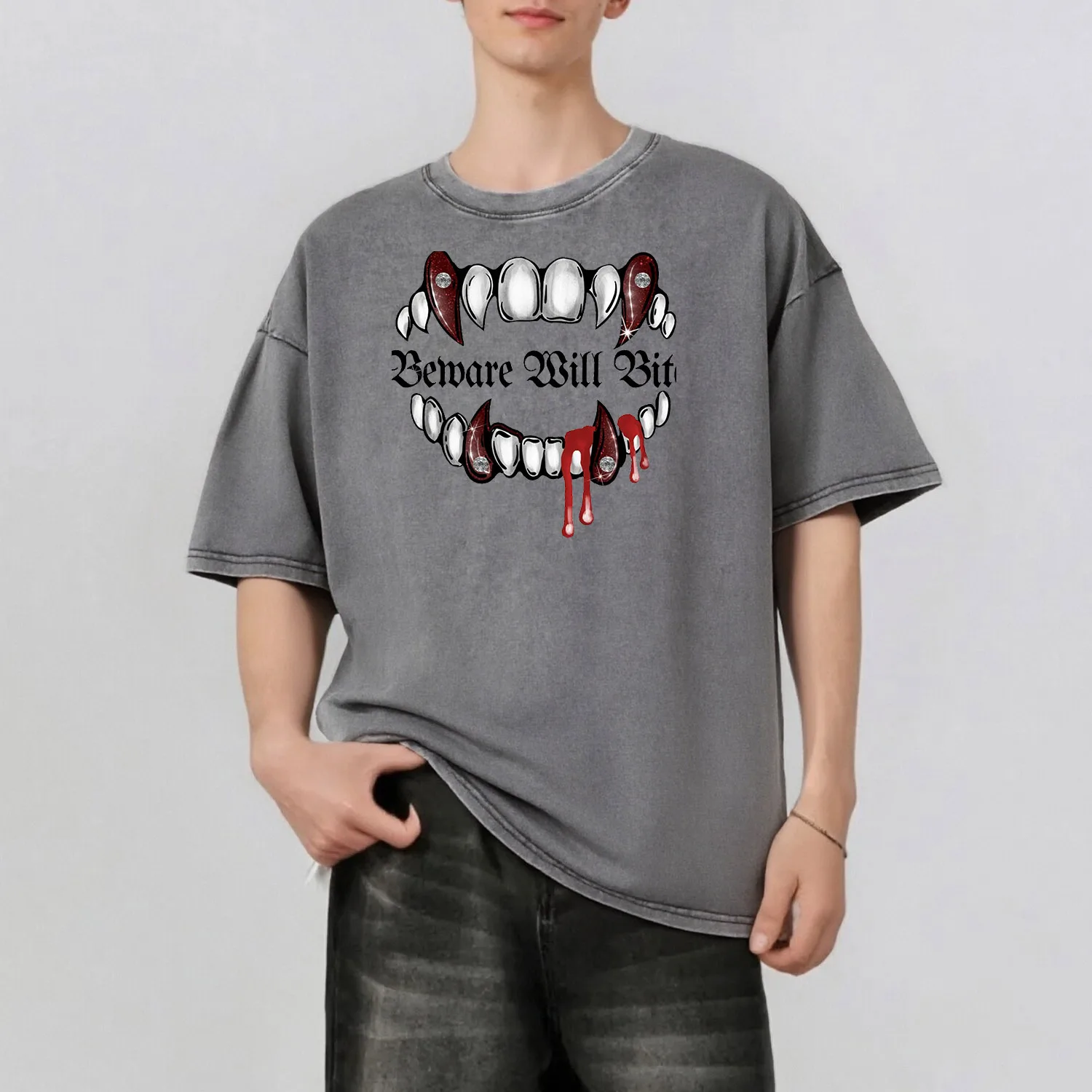 الأسنان الجرافيك الطباعة الرجال الصيف ريترو ستايل غسلها المياه تي شيرت عادية قصيرة الأكمام الأساسية الرجال أعلى 230 جرام #1