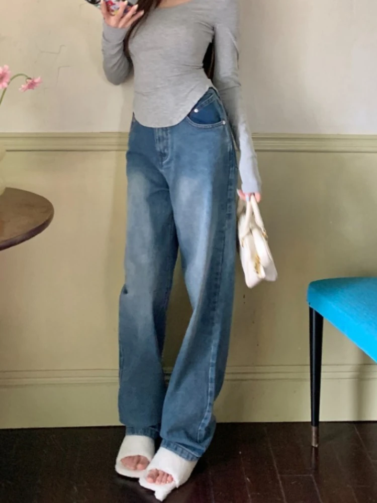 2026 Spring Autumn New Stylish Blue High Waist Wide Leg Women Jeans Loose Figure Flattering Versatile Casual Long Pants