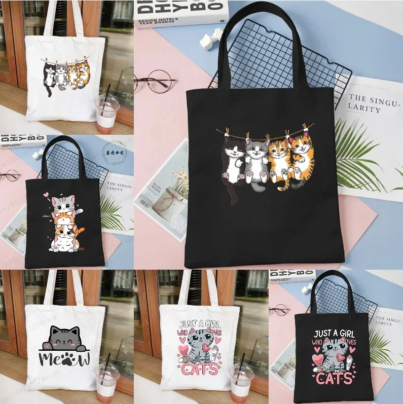 

Cartoon Cat Printed Women's Canvas Single Shoulder Handbag Cartoon Animal Commuter Shopping Bag Reusable Handbag