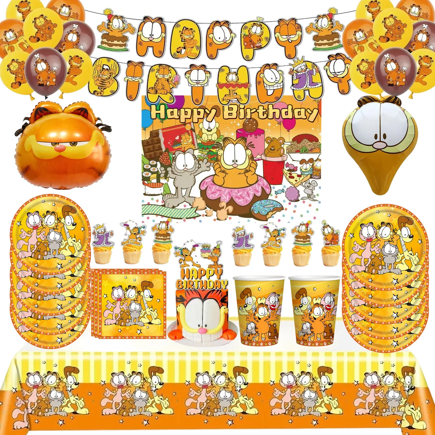 Süße Orange Katze Geburtstagsparty Dekoration Jiafei Katze Ballons Banner Hintergrund Tischware Becher Babyparty Partyzubehör Kindergeschenk