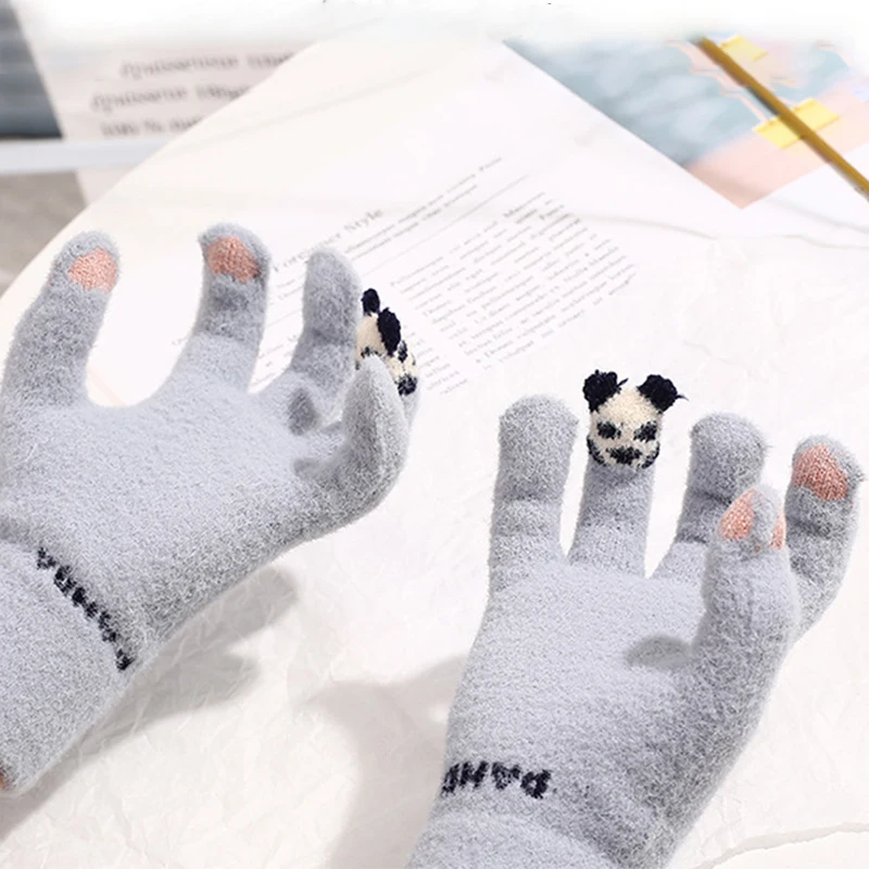 New Fashion Elastic Knitted Gloves for Women Ladies Cute Panda Heart Pattern Full Fingers Gloves Winter Outdoor Warm Mittens