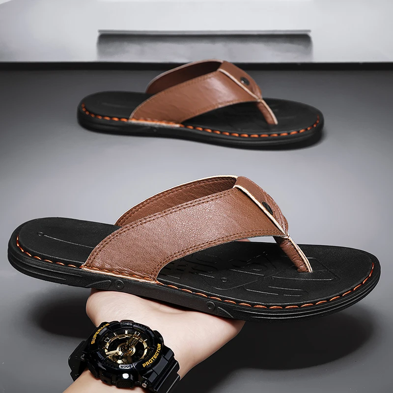 

Кожаные тапочки ручной работы, летние модные мужские шлепанцы, уличные тапочки, дышащие удобные мужские шлепанцы, праздничные нескользящие