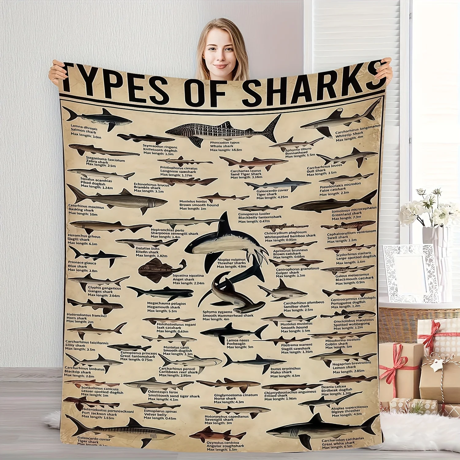 Educational Shark Species Flannel Throw Blanket - Whale Shark & 12 Types Illustrated with Scientific Names, Soft Beige Animal Th