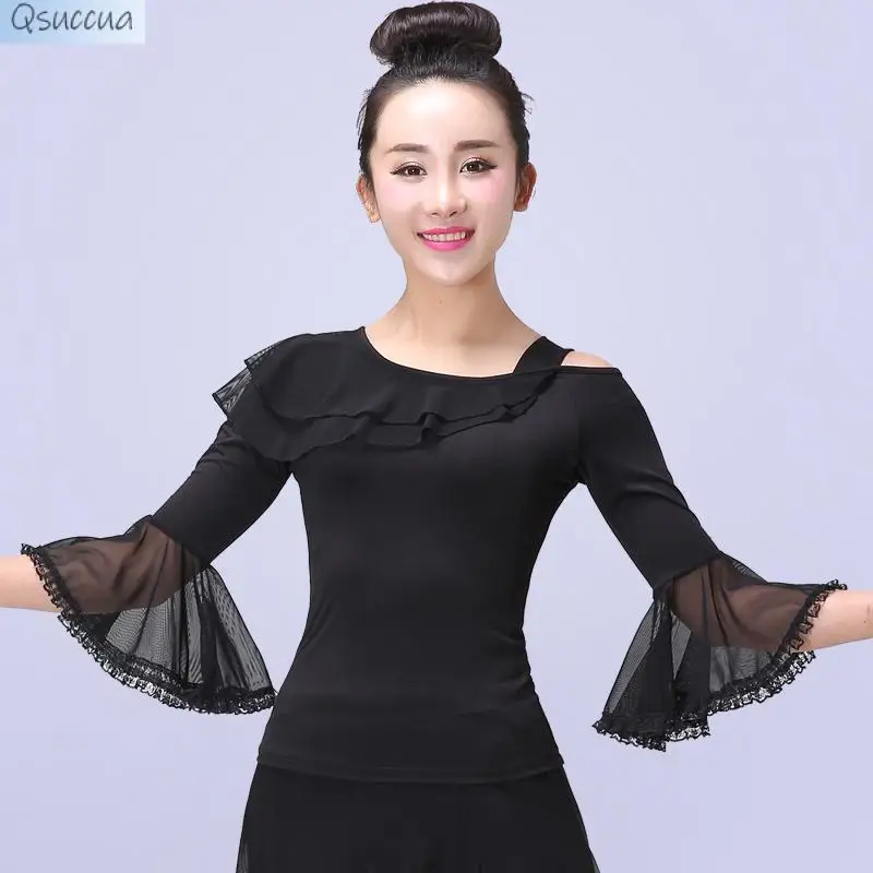 

Latin Dance Costumes New One-Shoulder Tops Summer Modern National Standard Dance Clothes Flared Sleeves Costumes