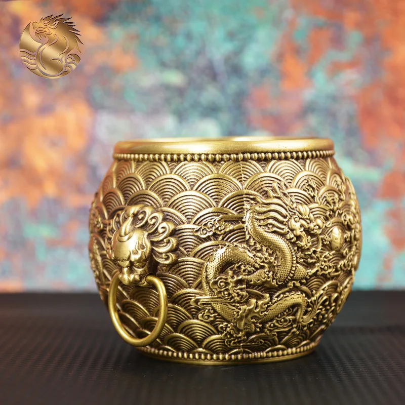 HYS all brass relief Erlong play beads copper cylinder home entrance lion head dragon pattern cylinder ornament