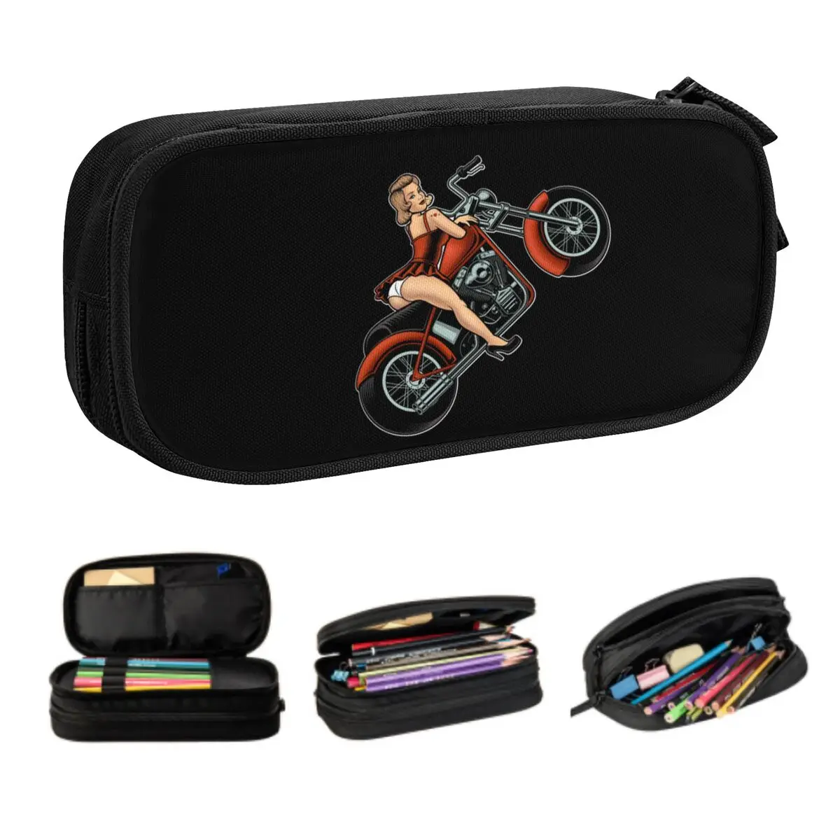 

Custom Vintage Motorcycle Cartoon Sexy Girl Korean Pencil Cases Boys Large Capacity Mobile Bike Pencil Box Students Stationery