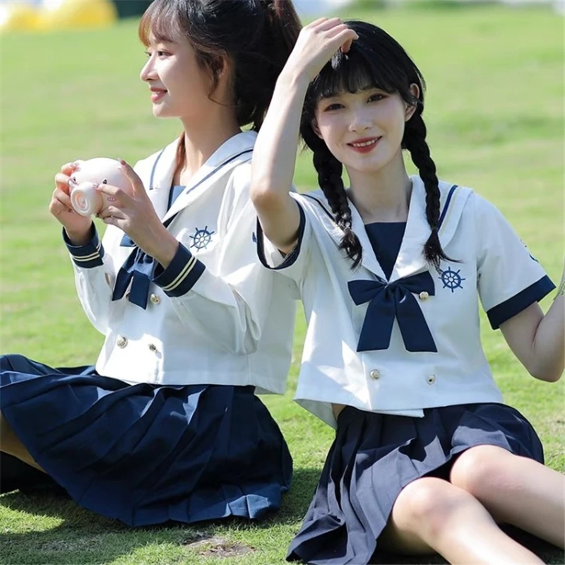 [Menina à vela] Japonês Escola Uniforme Marinheiro Terno Verão Longo/Curto Mangas JK Uniforme Estudante de Colégio Saia Plissada Conjuntos