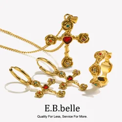 E.B.belle Colorful Rhinestone Rose Flower Cross Necklace Hoop Earring Ring Elegant Style Stainless Steel Jewelry Set Waterproof