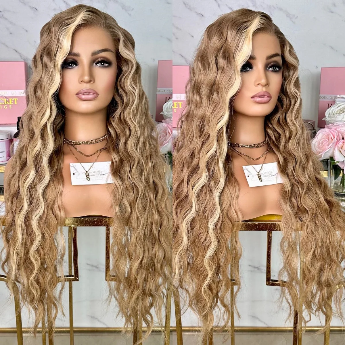 

Длинный глубокий вьющийся парик высокой плотности, медовая блондинка, парик для косплея для женщин, бесклеевая одежда, синтетический парик спереди