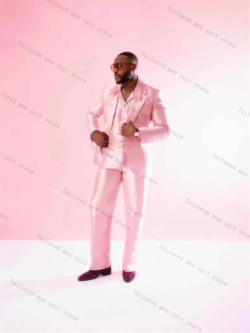 

Pink Satin Groom Men Suits Pants Set 2 Pcs Blazer+Trousers Cotton Wedding Tuxedos Prom Party Jacket Formal Business Coat
