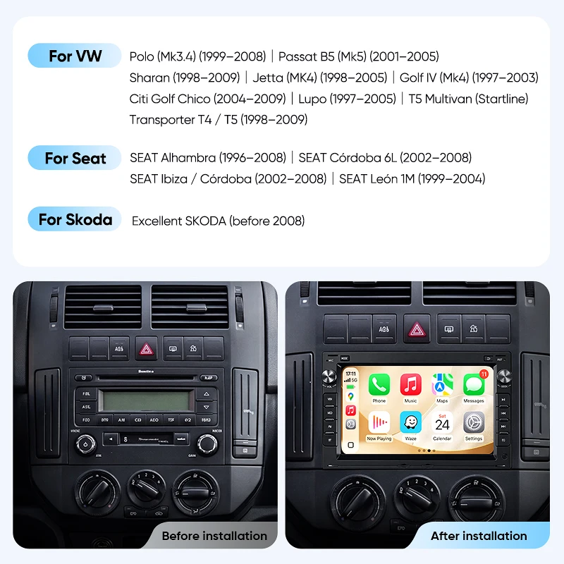 AINAVI MP5, lettore multimediale per auto con Carplay wireless, SWC, FM, compatibile con VW Golf 4, Jetta MK4, Passat B5, Multivan T5, Polo 4, Seat Leon, Skoda EOS, Android Auto wireless, schermo