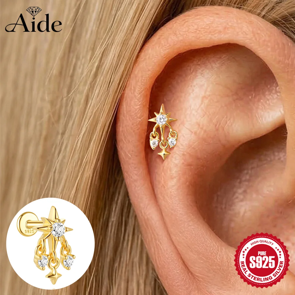 AIDE 1PC 925 Sterling Silver Octagonal Star Tassel For Women 16G Cartilage Helix Flat Back Piercing Earrings INS Party Gifts