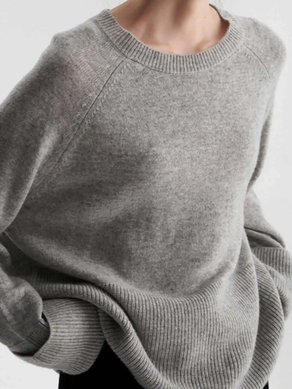 

Gray Round Neck Knitted Sweater Autumn Simple Style Loose Versatile Women's Solid Color Long Sleeved Knitted Pullover