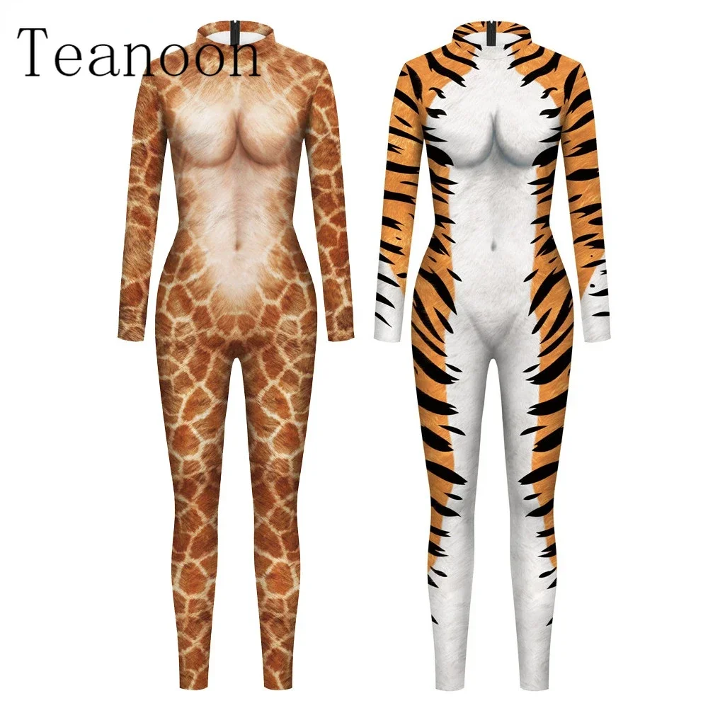 Teanoon The Giraffe Tiger Skin 3D Print Sexy Bodysuits Cosplay Costume Jumpsuit Adults Onesie Long Sleeve Outfits