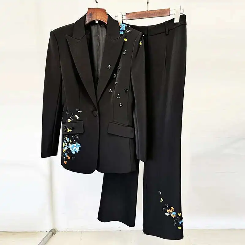 HKSH 2024 printemps automne nouvelles femmes marée étoile tempérament couleur paillettes simple bouton Blazer Long costume pantalon deux pièces ensemble HK3234