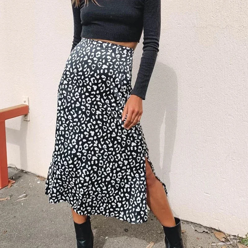 Summer women vintage elegant beach midi boho skirt 2024 Women Leopard print split sexy zip skirts womens Casual skirts female