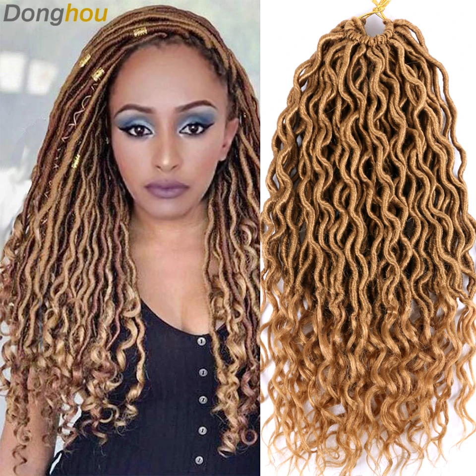 Donghou Faux Locs Flechten Häkeln Haar 1-3 Packungen neue Göttin Locs Häkeln Haar mit lockigen Enden Faser Ombre braun Zöpfe Haar