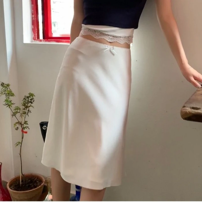 DEEPTOWN White Satin Long Skirt Women vintage elegant Low Waist A-line Slim Silk sexy Y2k Midi Skirt Summer Party Skirts