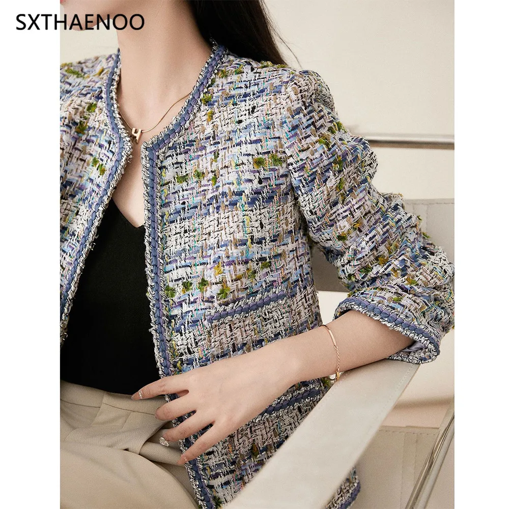 SXTHAENOO Women's Small Fragrance Tweed Trimmed With Silver Wire Short Cardigan Jacket Long Sleeve Elegant Warm Sweater Outwear